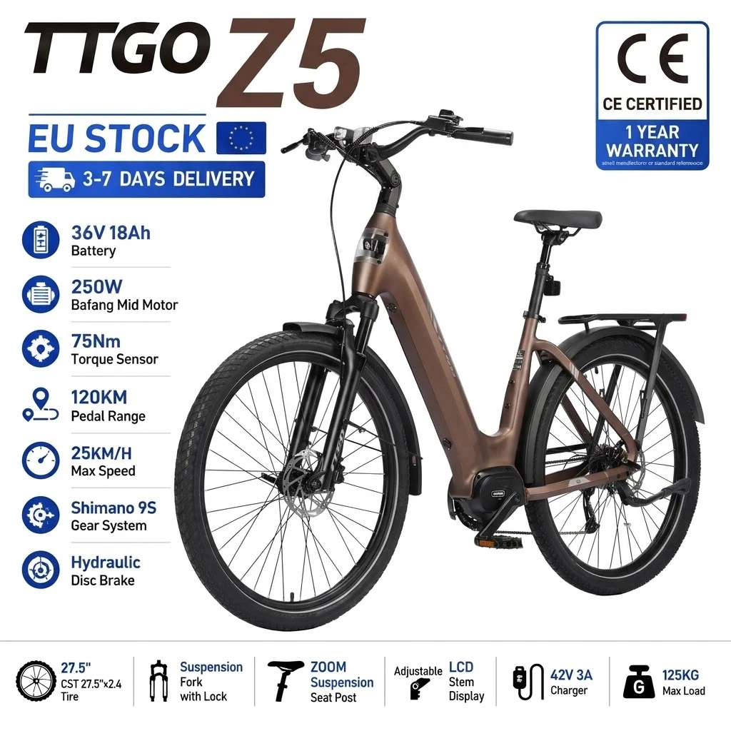 Z5 Elektrofahrrad mit Mittelmotor 250W Bafang Motor Drehmomentsensor E-Bike 36V 18Ah Akku 130KM Reichweite 27,5" All-Terrain E-Bike Dreifache Stoßdämpfung Hydraulische Scheibenbremse Elektrofahrrad