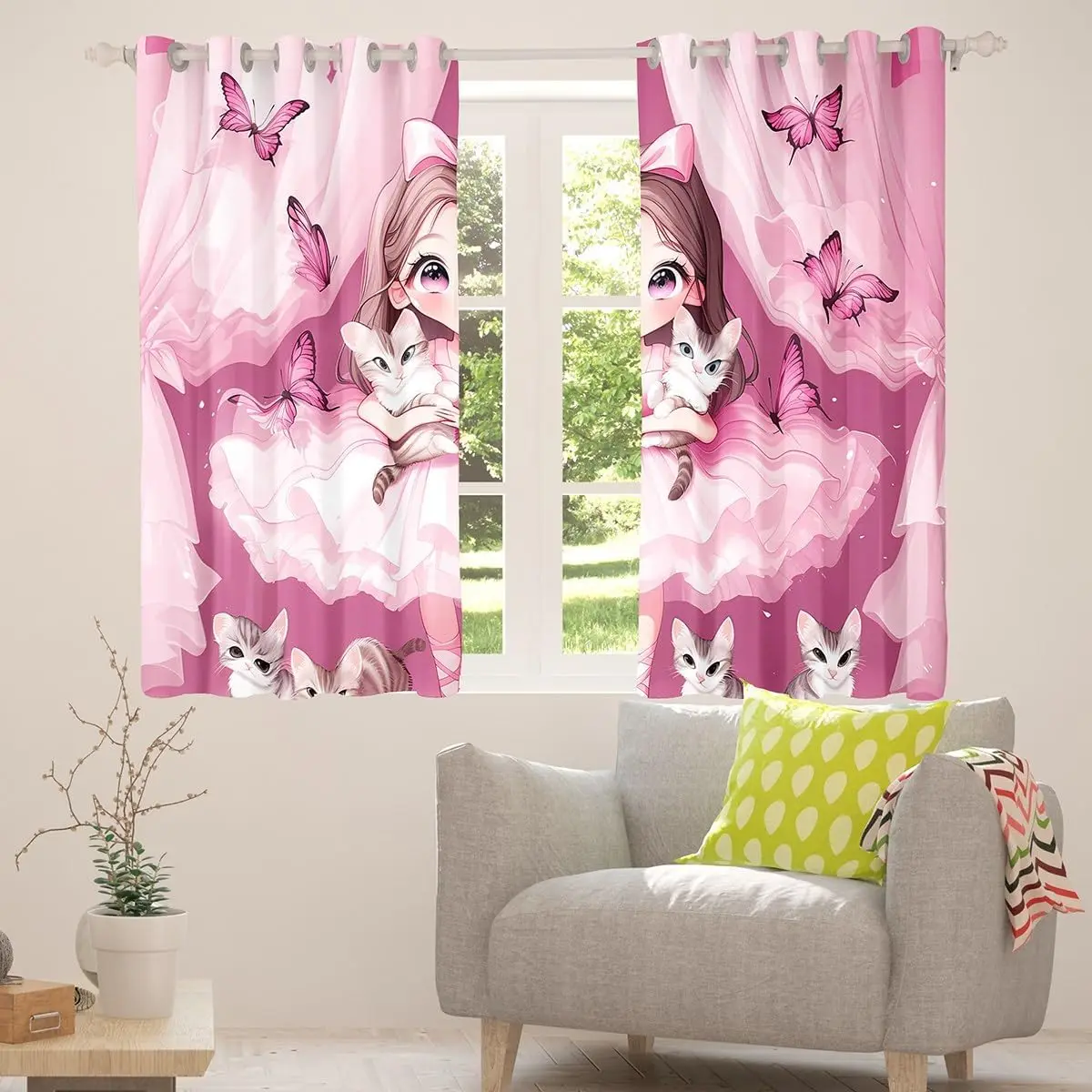 Sweet Kawaii Princess Cartoon Pink Curtain Cute Girl Kitten Butterfly Anime Window Drapes Nursery Room Decoration Panel for Kids