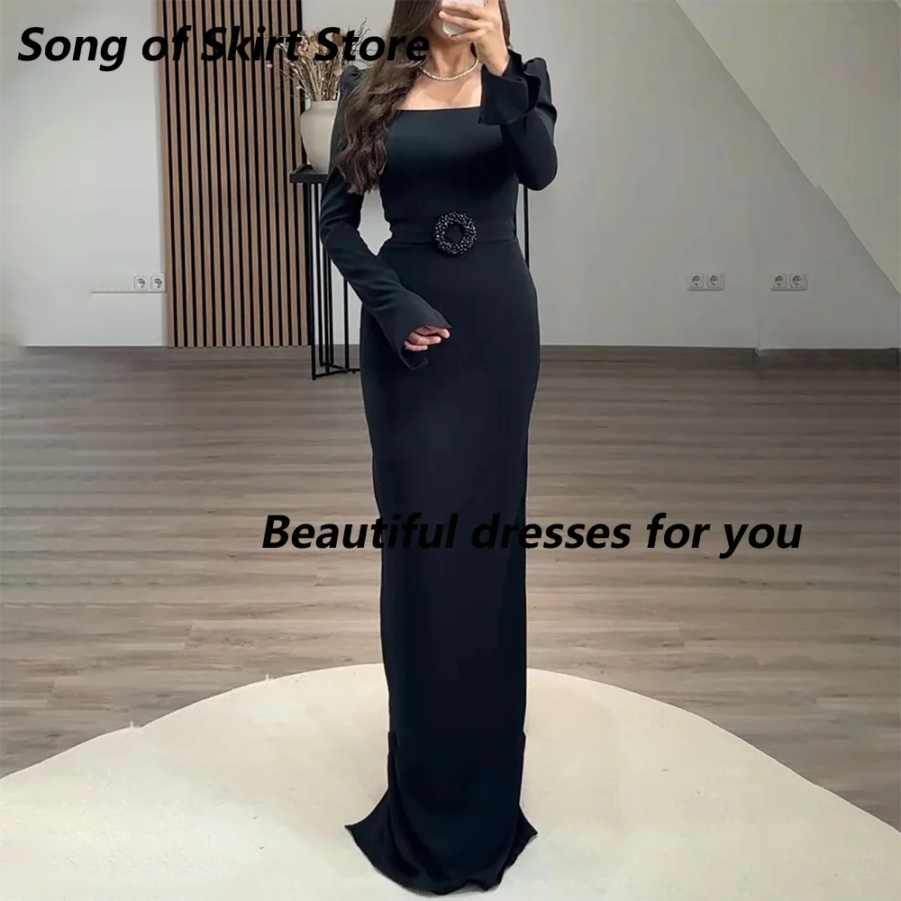 

Черное вечернее платье на заказ с длинными рукавами, квадратным вырезом, длиной в пол, с длинным поясом, расшитое бисером, прямое, для танцев и вечеринок