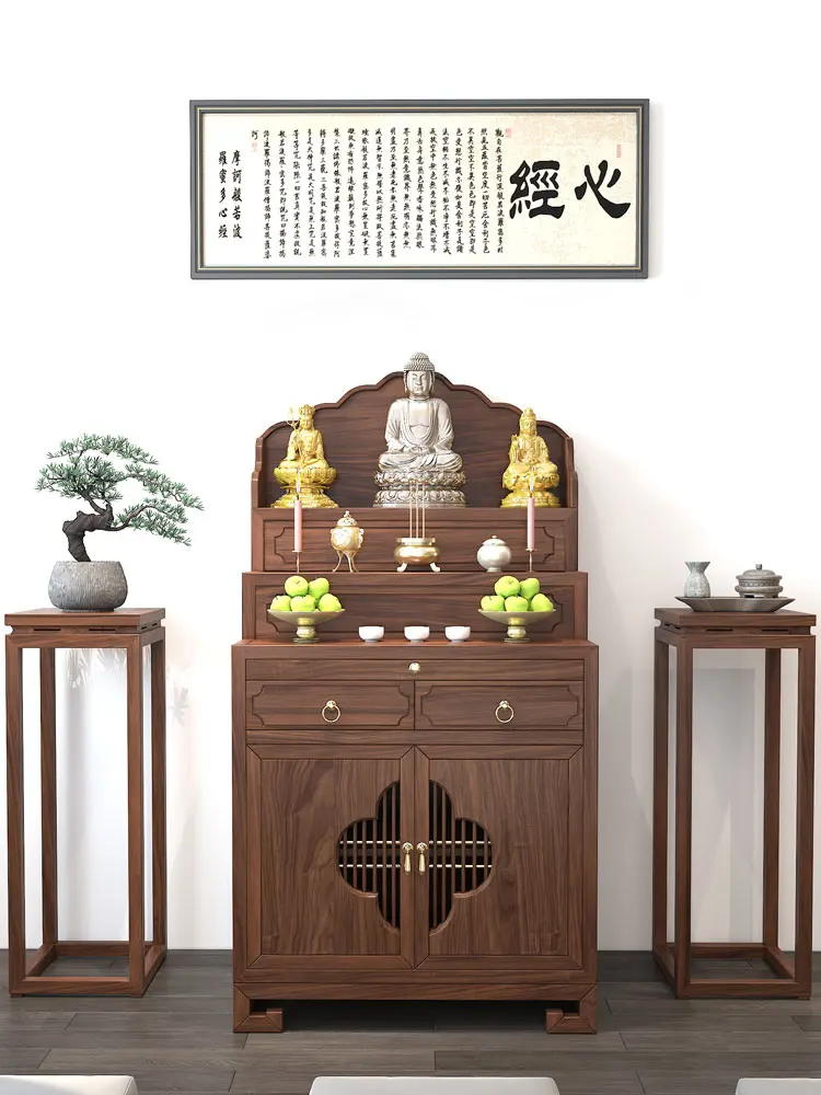 Solid Wood Tibetan Altar Three-Layer Buddha Shrine Household Incense Burner Table Buddhist Hall Worship Altar Buddha Niche