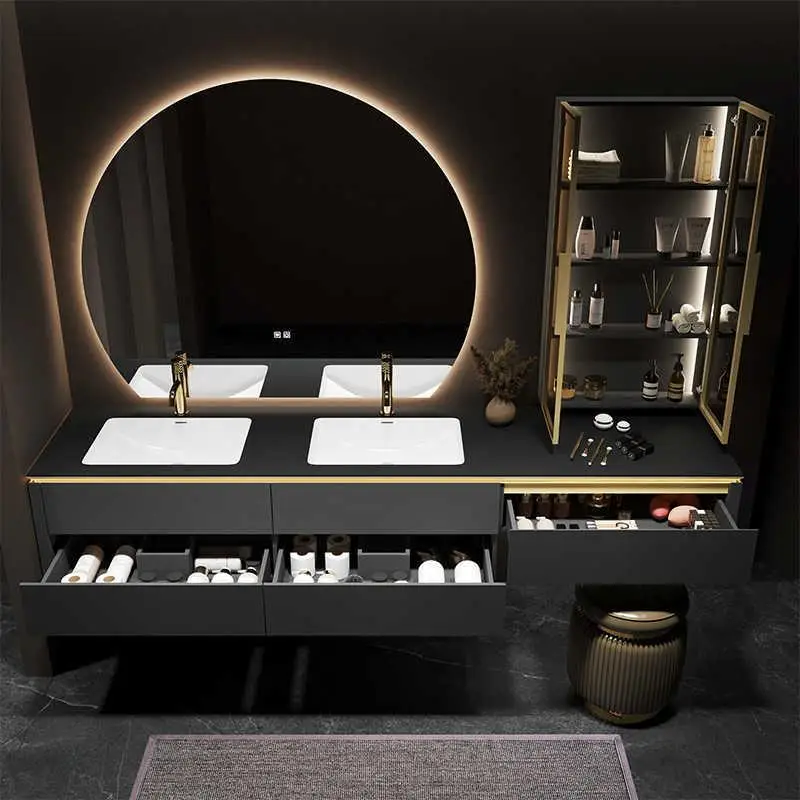 

Modern Design Wall-Mounted Bathroom Vanity Top Floating Marble Bathroom Cabinet Sink With LED Mirror Cabinet For Home Use