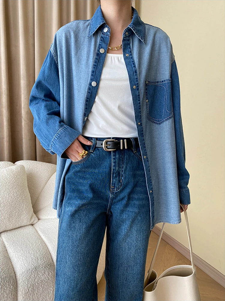 [LANMREM] Fashion Washed Contrast Color Denim Shirt Women Lapel Single Breasted Office Lady Blouses 2024 Autumn New 26C133