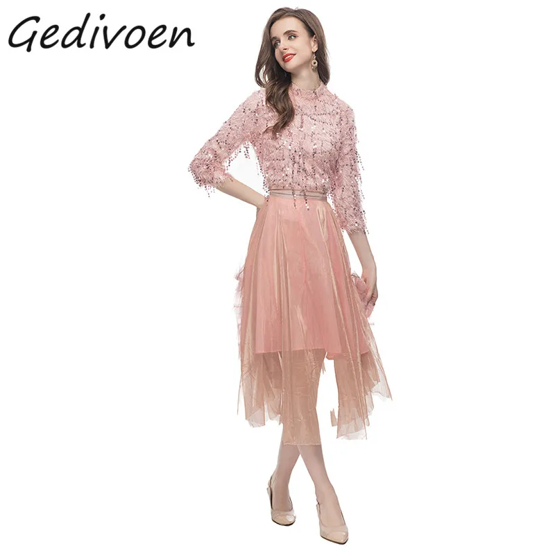 

Gedivoen Summer Fashion Designer Vintage Skirt Suit Women O-Neck Tassel Sequined Top+Elastic Waist Mesh Long Skirt 2 Pieces Set