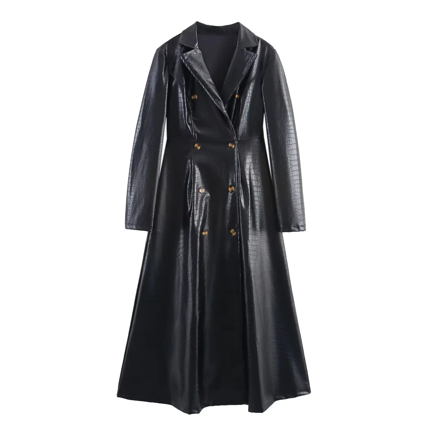 

Новый женский кожаный плащ, осенне-зимний модный двубортный тонкий длинный кожаный плащ с воротником-стойкой, верхняя одежда из спилка