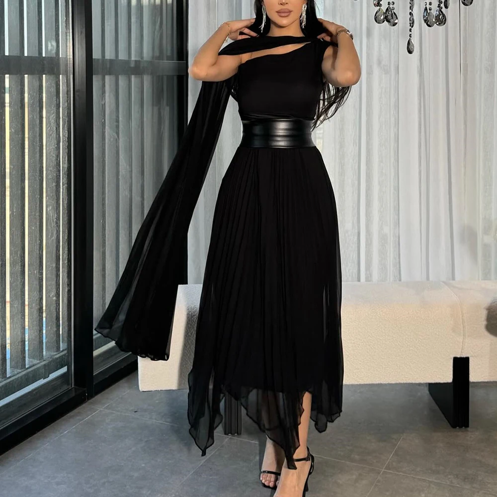 

Customized Modern Ankle Length Watteau Train Pleats Belt Evening Dress Graceful A-Line One Shoulder ChiffonSleeveless Party Gown