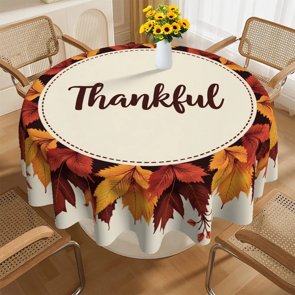 A tablecloth designed in an American autumn theme, featuring patterns of leaves and the word 