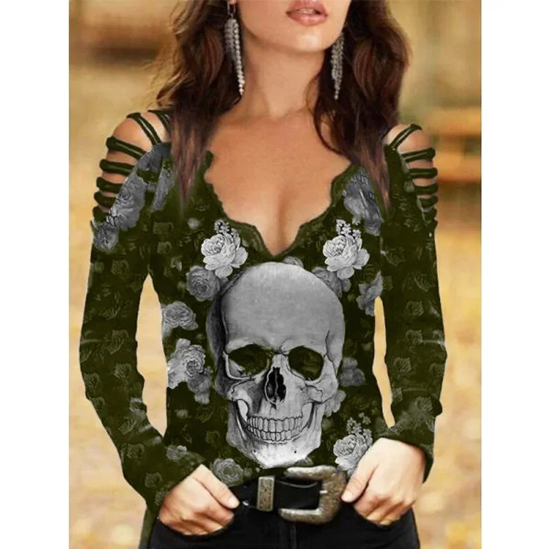 Cool Summer New Women T-Shirt Fashion Casual V-Neck Off Shoulder Sexy Skull Head Printed T-Shirt Gothic Hollow Long Sleeve Top