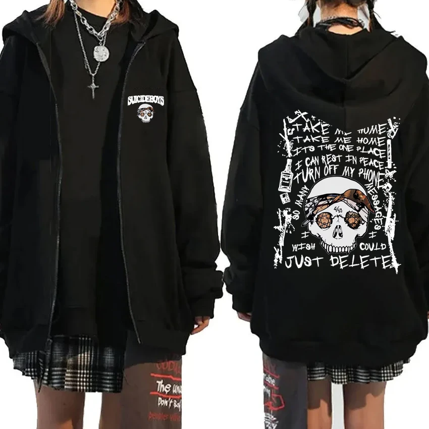 Hoodie preto de hip-hop feminino e masculino Suicideboys com zíper caveira G59, streetwear casual vintage, jaqueta unissex de zíper velo, novo álbum, 2024