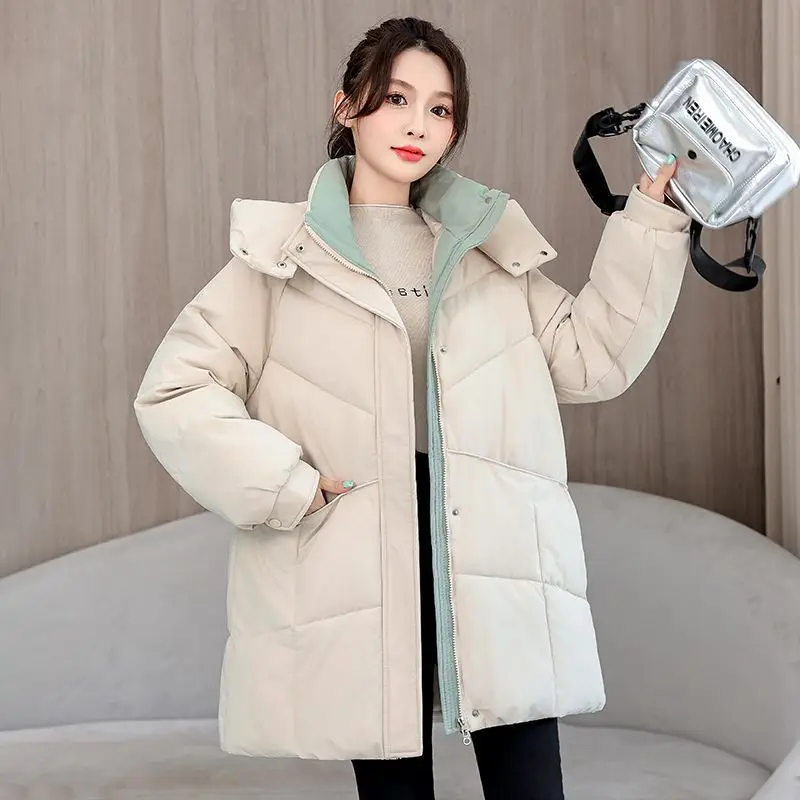 Winter Vrouwen Parka 2025, Mode Nieuwe Losse Mid Lengte Katoen Gewatteerde Jassen Lange Mouw Effen Brood Kleding Casual Uitloper top