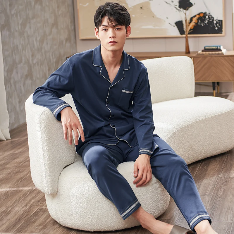 Men Pajamas Sets Pure Cotton Pyjamas Sleepwear Nightwear Long Sleeve Long Pants Casual Tracksuit Spring Autumn Pijamas Hombre