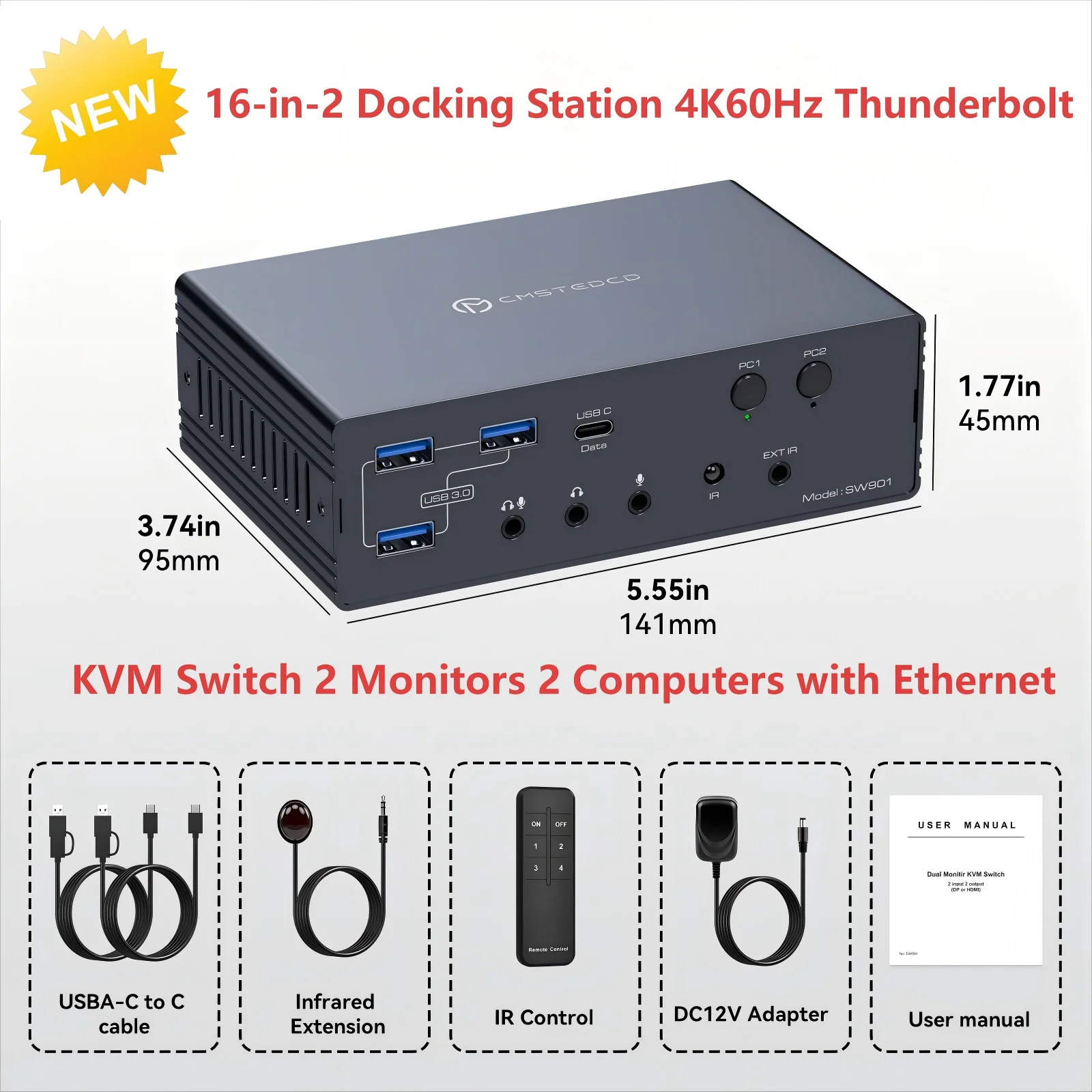 KVM Switch 2 شاشات 2/3/4 أجهزة كمبيوتر، محطة إرساء Thunderbolt 4K @ 60 هرتز تدعم USB3.0/USB C في DP/HDMI Out لنظام التشغيل Windows Mac