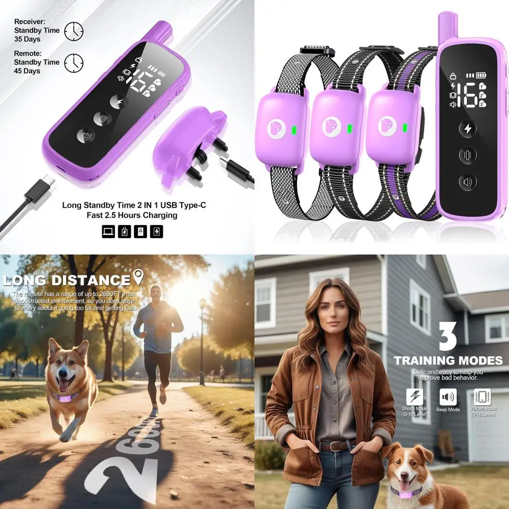 

Long-Range 2600FT Dog Training Collar with Remote, Waterproof & 3-Mode Control for Various Dog Sizes in Purple