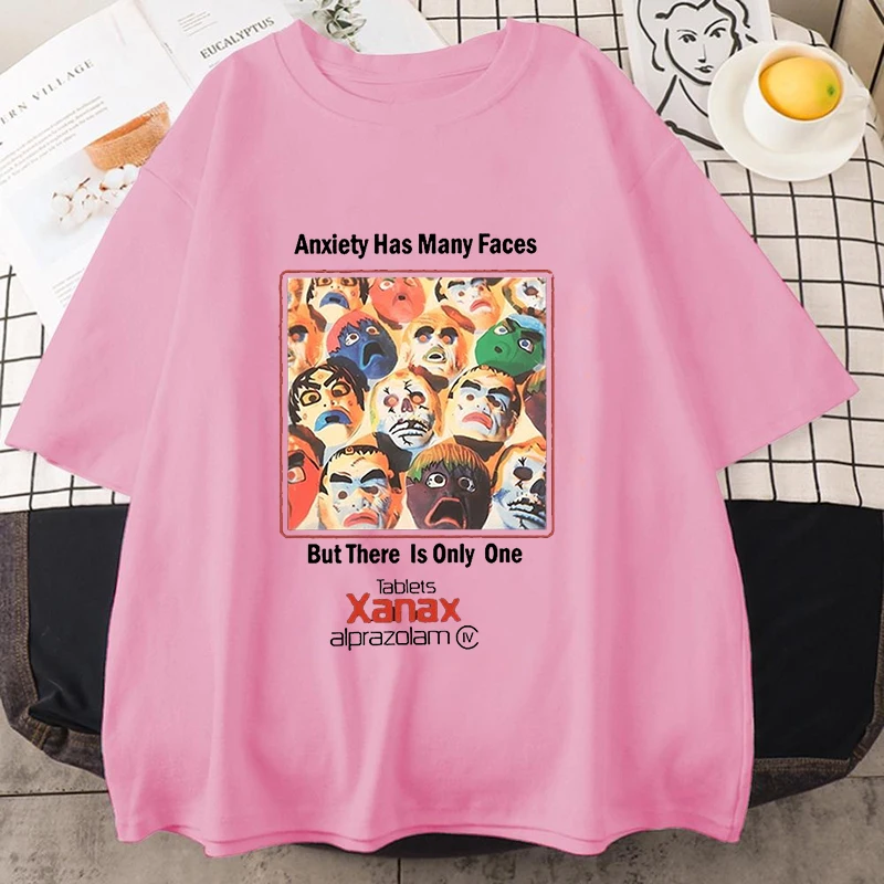 Neues Vintage Xanax Anxiety Faces Print T-Shirt für Damen und Herren, Sommer-T-Shirt, Harajuku, lässig, Rundhalsausschnitt, kurze Ärmel, neutrales Oberteil – Detail 2