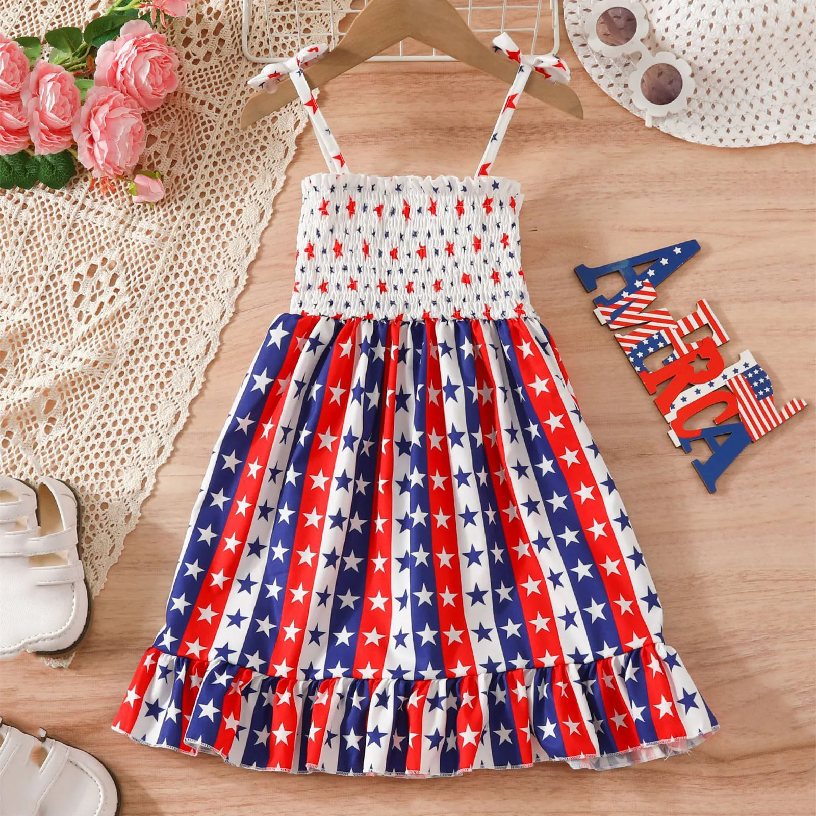 Kids Spaghetti Strap Dress Toddler Girls American Independence Day Princess Dress Baby Stripe Stars Print Sleeveless Daily Dress