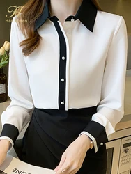 H Han Queen Contrast Color Single Row Pearl Buckle Office Blouse Female Shirt Long Sleeve Casual Tops Autumn Women Loose Blouses