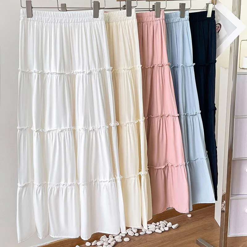 

Women Skirt A-line Style Elastic High Waiste Exquisite Lace Design Solid Color Simple Gentle Temperament Versatile Skirt
