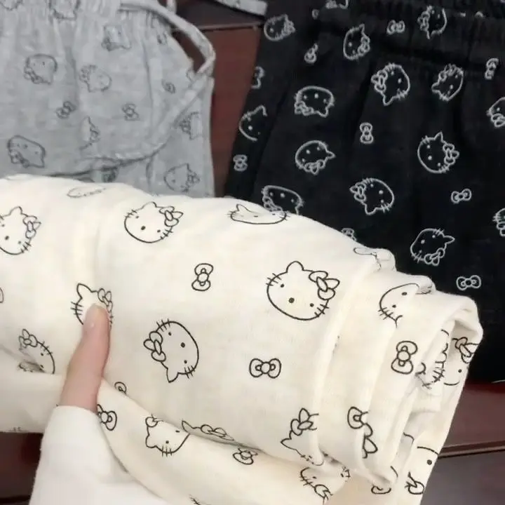 Sanrioed Hello Kittys Cute Print Loose Casual Wide Leg Pants Women Fashion Straight Tube Lazy Leisure Comfortable Lady Trousers