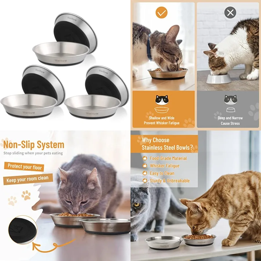 

Cat Bowls, 6 Pcs Stainless Steel Bowls for Food and Water, Whisker Fatigue Shallow Non-Slip Cat Dishes Plates for Small Dog Pup