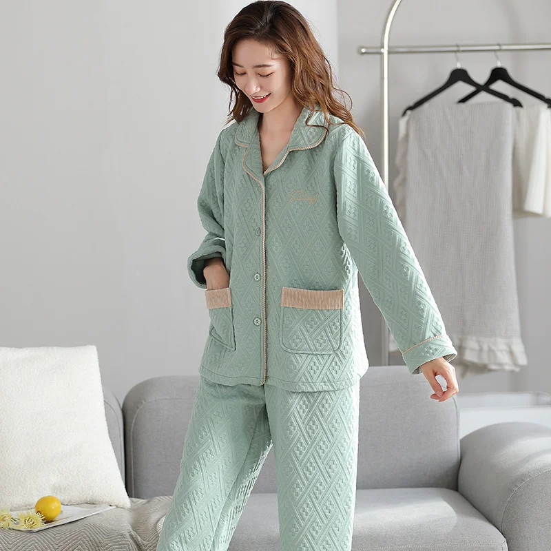 Warm Female Pajamas Three-Layer Quilted Autumn Winter Sleepwear Set Thicken Air Cotton Casual Women Home Clothes Cardigan Pijama