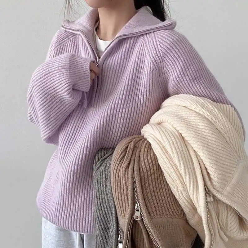 Purple Half Zippers Pullover Sweater Women Autumn Winter Loose Warm Long Sleeve Tops Female Solid Versatile Knitshirts