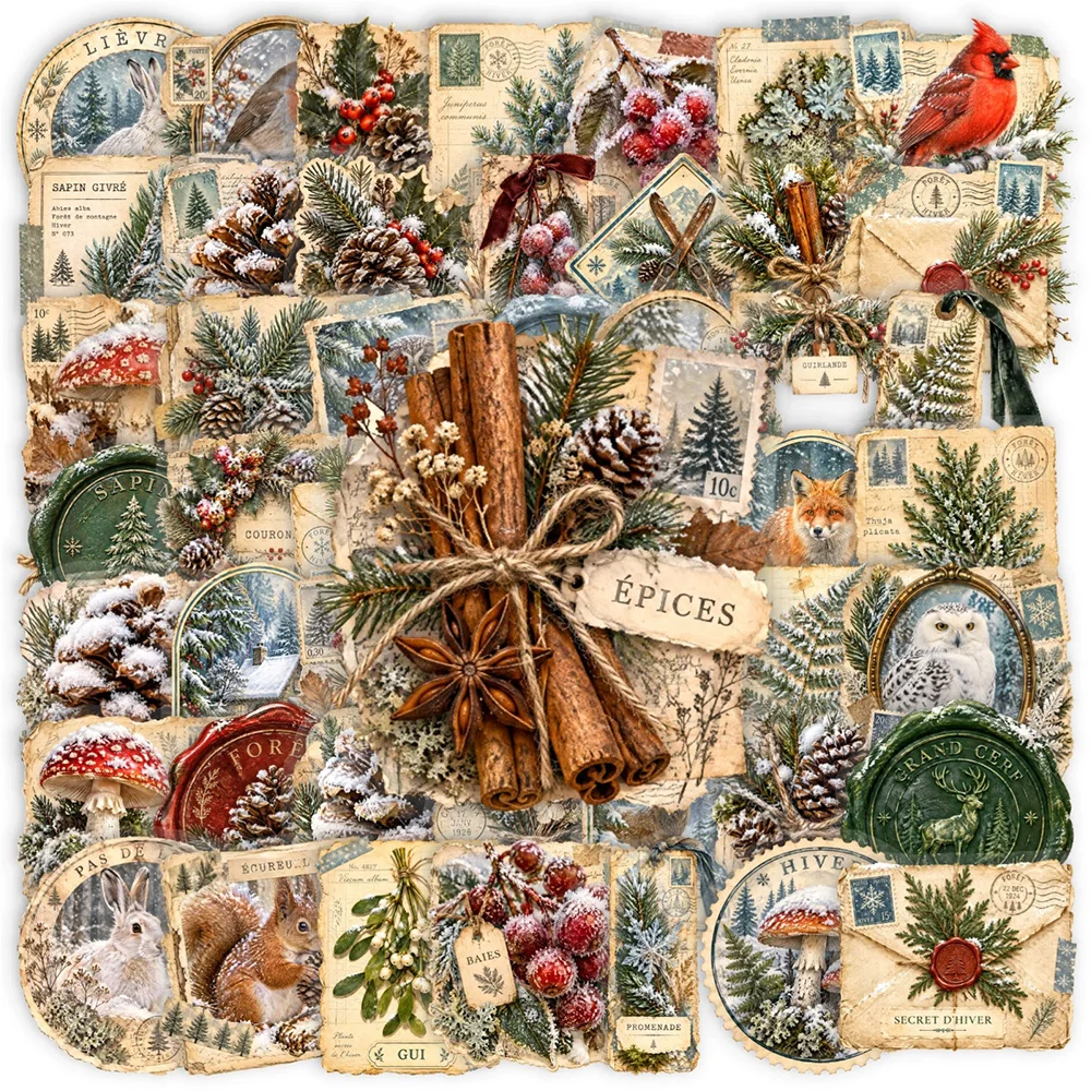 10/30/50pcs Vintage Winter Cartoon Stickers Transparent Animals Plants Decals Waterproof Graffiti Stationery Laptop Diary