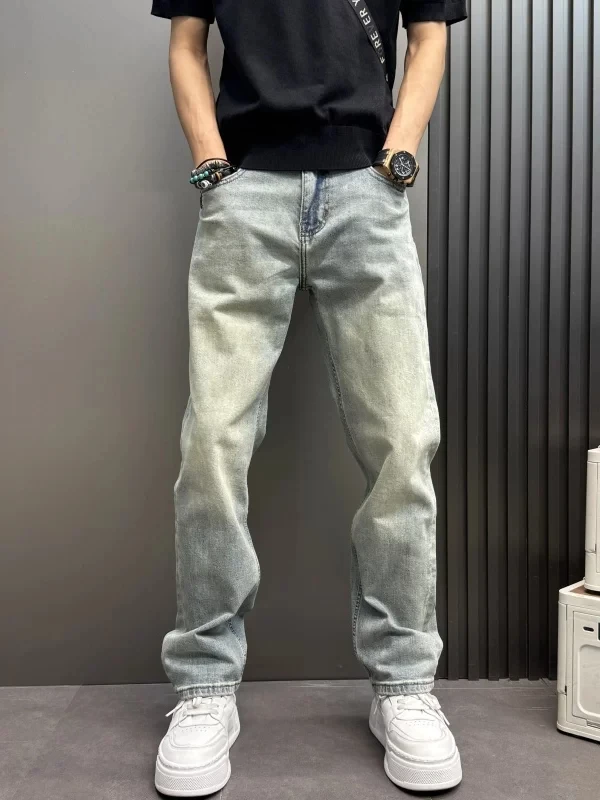Autumn Winter Men's Straight Leg Jeans High Waist Zipper Pocket Elastic Treatment Casual Fashionable Loose Fit Versatile Denim