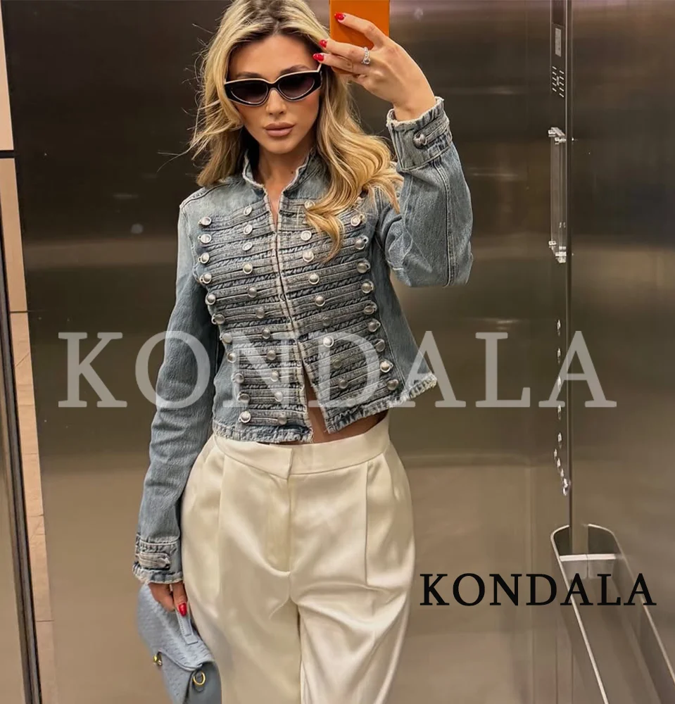 KONDALA Elegant Vintage Buttons Denim Jacket Women's High Street Trendy Napoleon Jacket 2026 Spring Retro Chic Jacket for Ladies