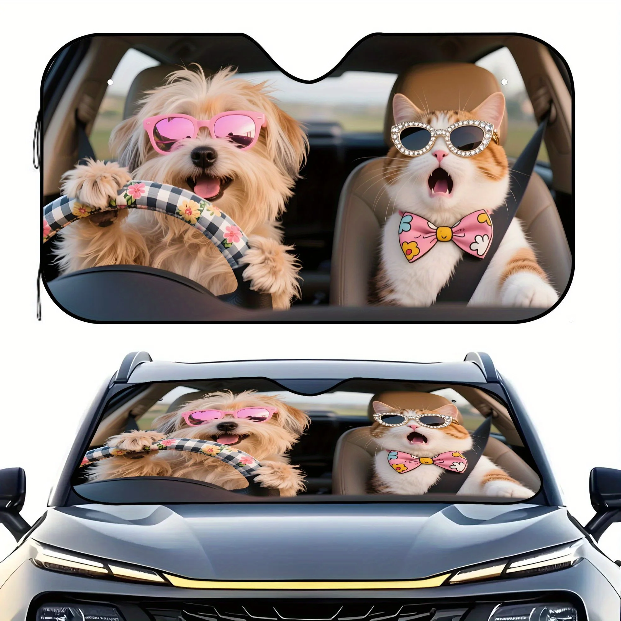 

1pc Car Front Windshield Visor With Adorable Cat & Dog Design - UV Protection, Thermal Insulation, Stylish Polyester Roll-Up Acc
