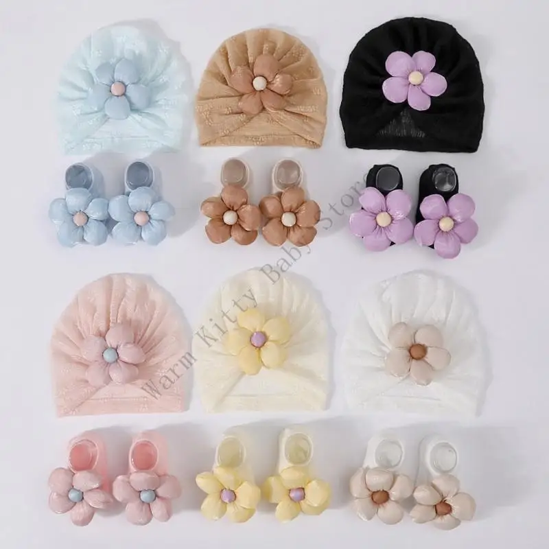 

XXFE 2Pcs/set Newborns Baby Flower Hat with Socks Solid Breathable Infant Fetal Hat