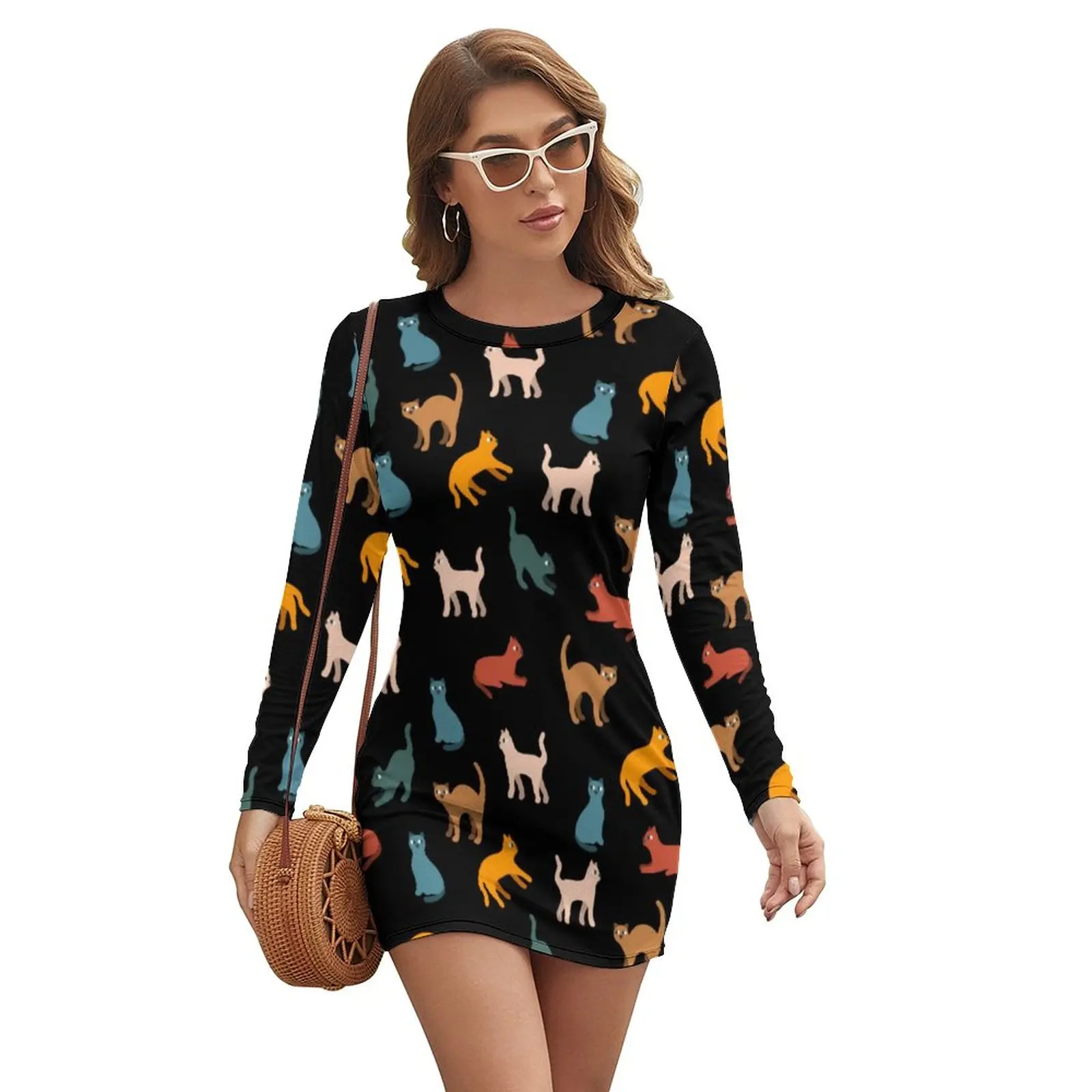 Cute Cats Print Dress Long Sleeve Colorful Animal Elegant Dresses Autumn Ladies Aesthetic Graphic Bodycon Dress Big Size 2XL