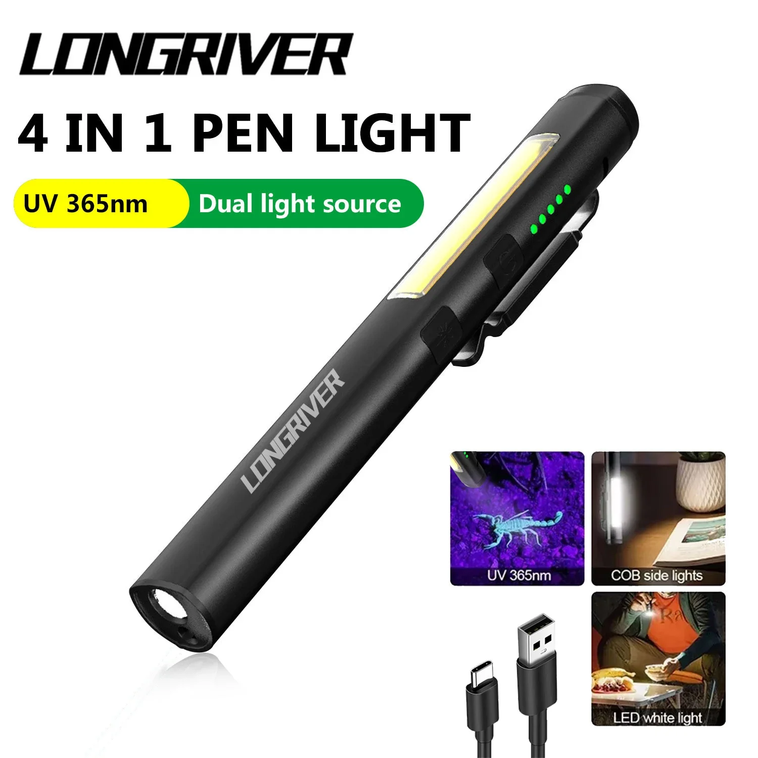 

LONGRIVER S188 Flashlight Rechargeable Work Pen Light with 365 Nm UV Black Light, 450LM LED Mini Pocket Flashlight Red light