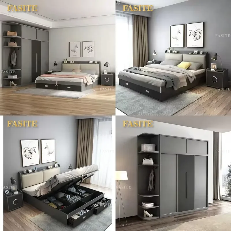 For Queen Size Bedroom Furniture Set Modern MDF Wood Master Suite Design European Style Grand Hotel Home Organization Storage