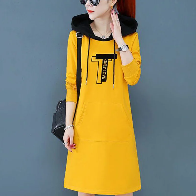 Fashion Hooded Spliced Pockets Letter Casual Dresses Female Clothing 2023 Autumn New Long Sleeve Loose Korean Mini Dress