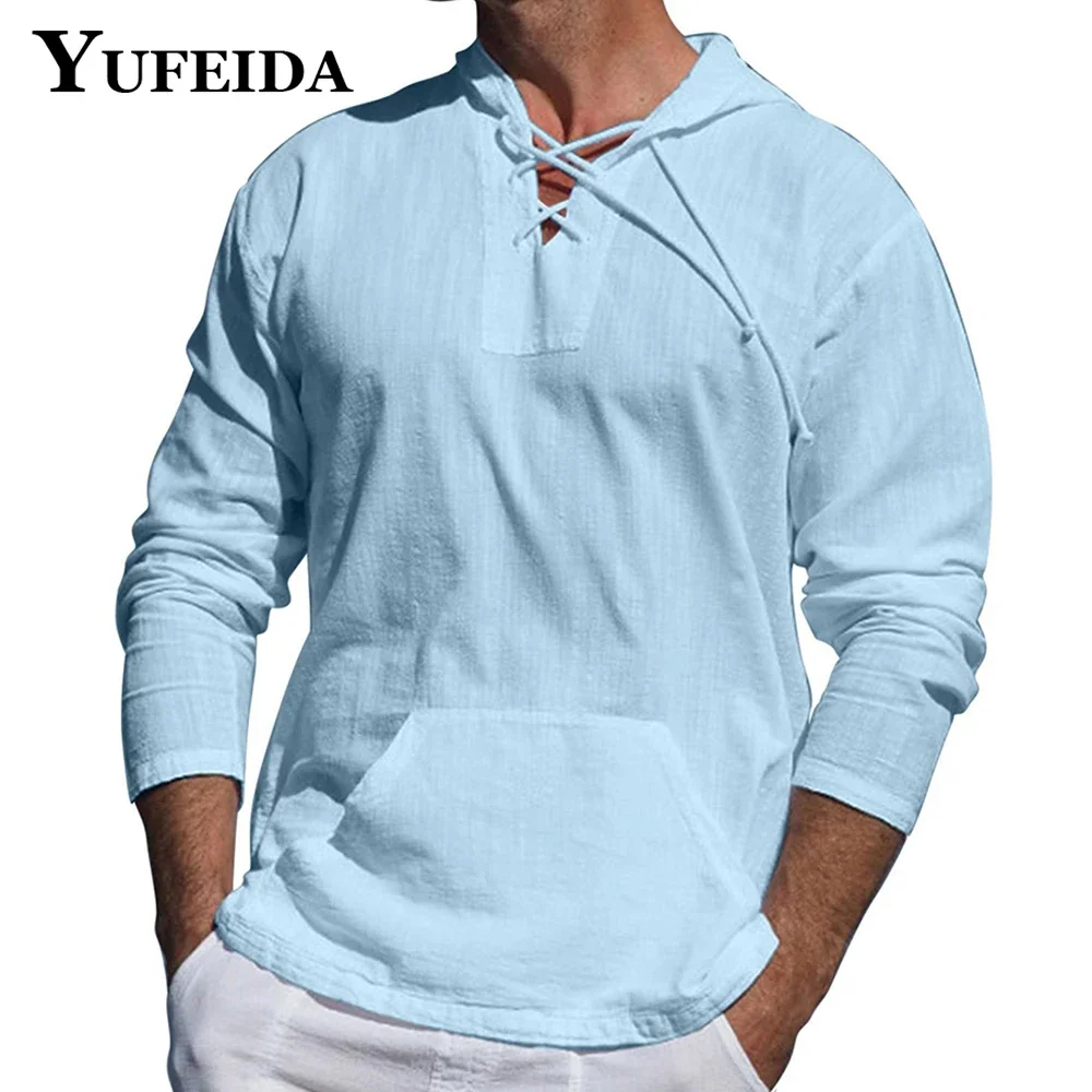 

YUFEIDA Men Long Sleeve Linen Tee Shirt Hooded Cotton Linen Blouse Shirts Loose Men Solid Color Vintage Husbnd Beach Style Shirt