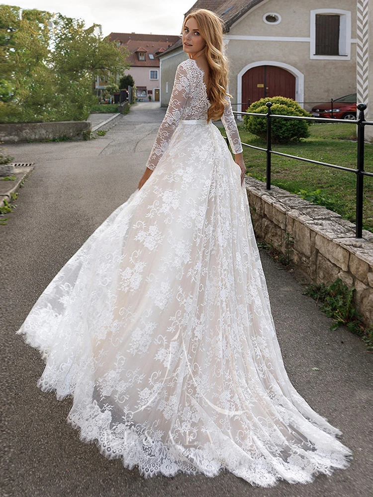 FL&AEVVE Garden Lace Wedding Dress Long Sleeve Bride Gown Customized Wedding Party Gown vestidos de novia