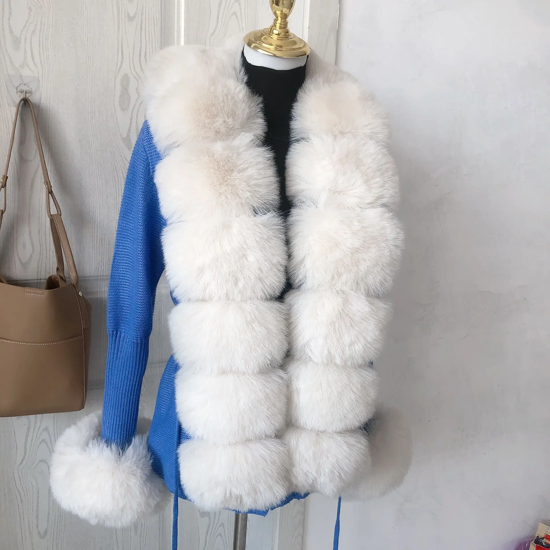 Damen Crop-Cardigan Frühling Herbst Bestseller Kunstfell Strickjacke mit Kunstfuchsfell-Kragen für Damen – Detail 12