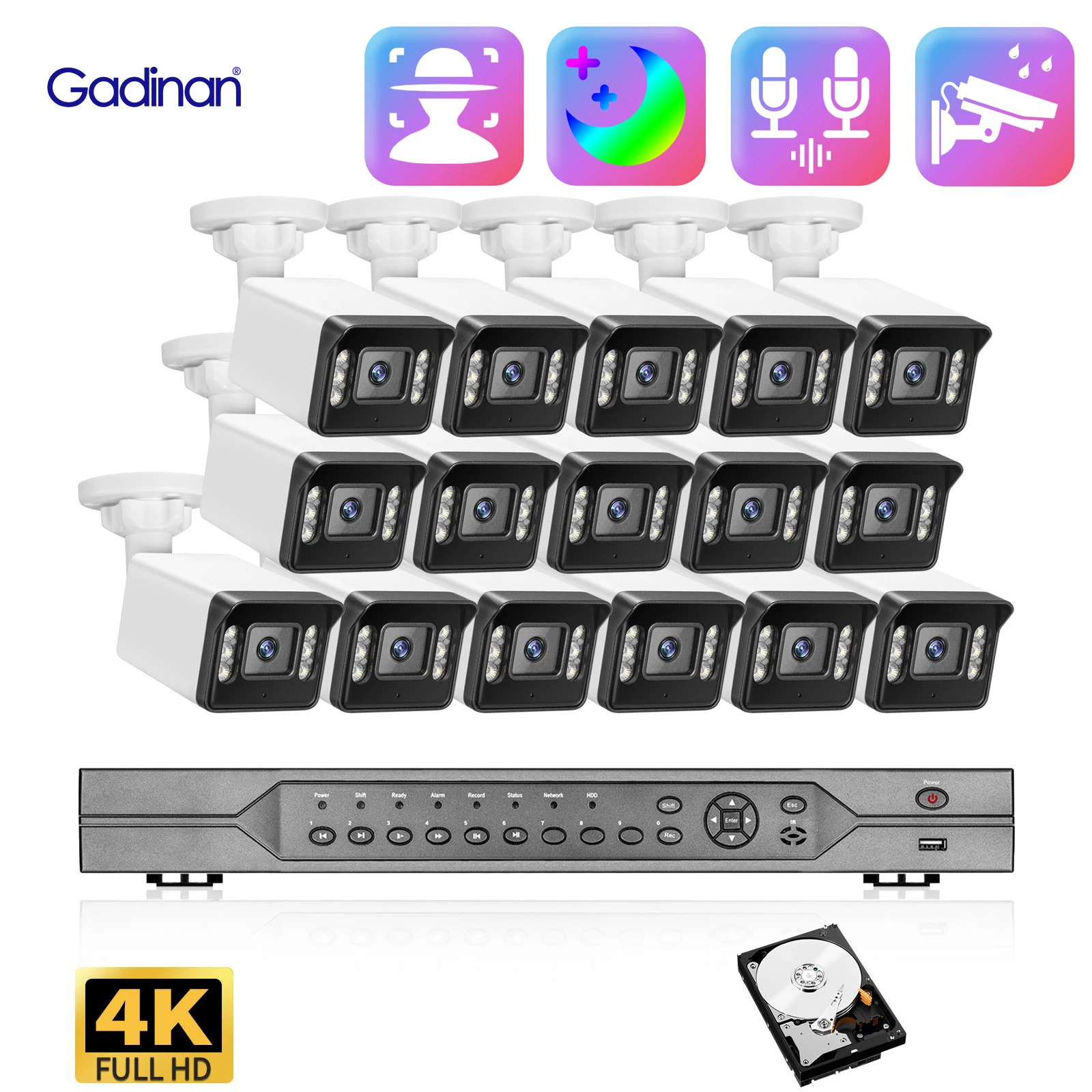 Gadinan 4K Full Color Night View 8MP Security Camera NVR System Smart  AI Face Detect 16CH POE Two Way Audio CCTV Kit Video Set