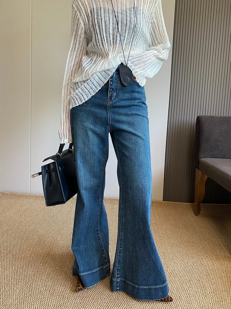 

High Waist Bell Bot Jeans Women's Autumn New Design Fi Tail Wide Leg Pants Slimming Effect Denim Blue Colorwear