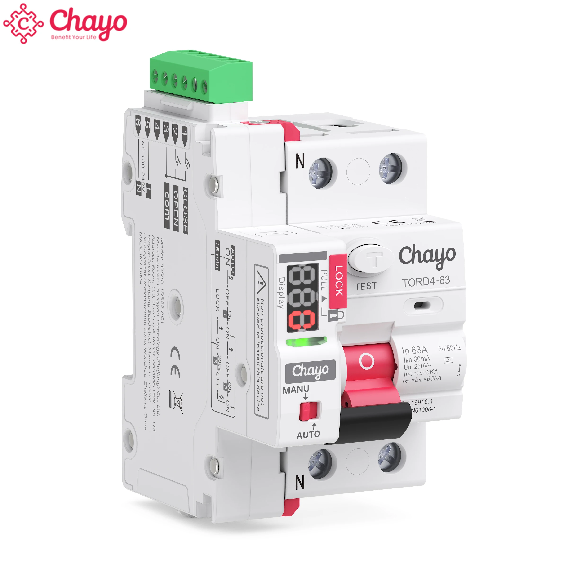 Chayo 2P/4P Type A RCD RCCB LED Auto Recloser Modular Safety Switch 6KA 16A/63A 30mA 230V 400V leakage Circuit Breaker