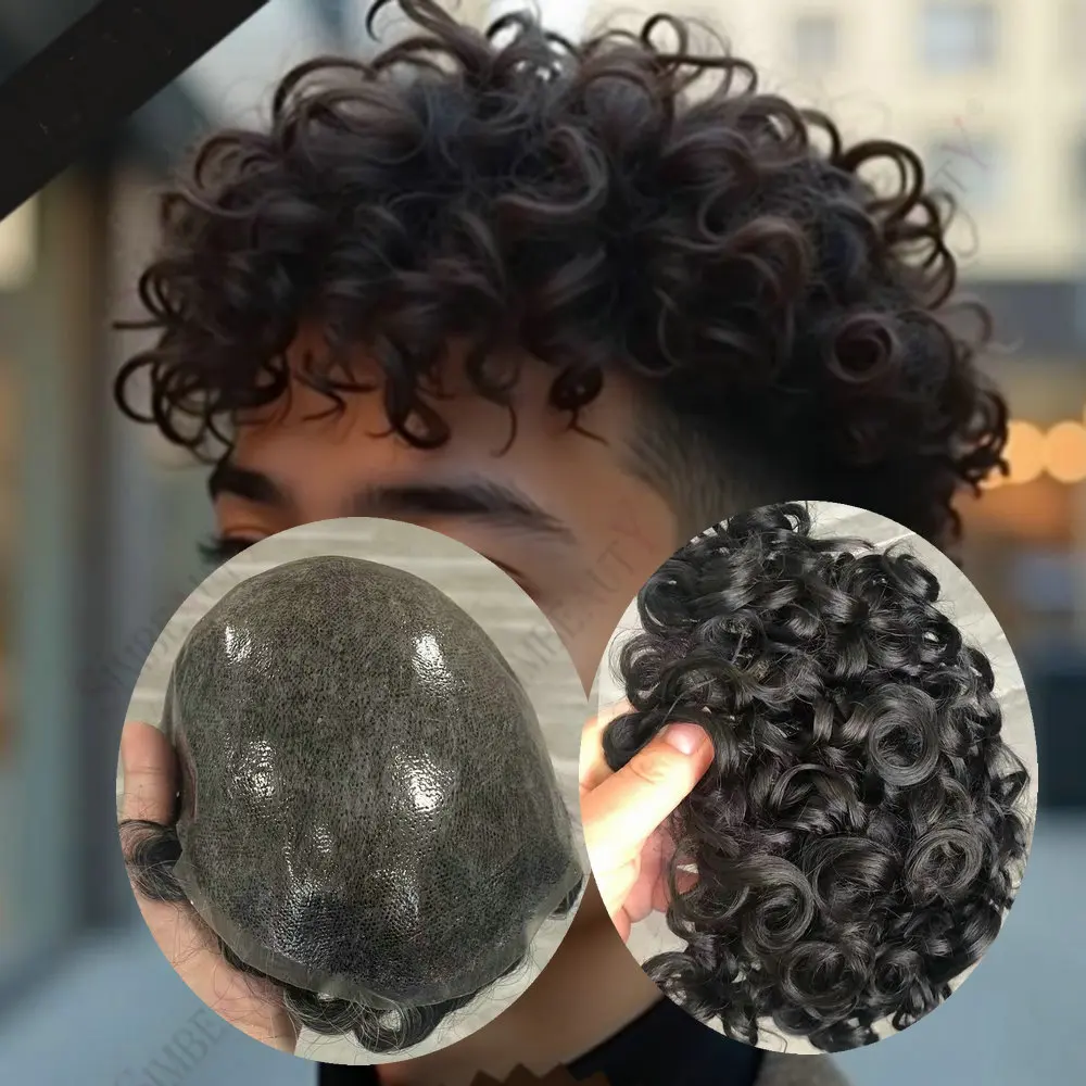 

Men's20mm Curly Human Hair Toupee Hair Replacement System Capillary Prosthesis Undtectable Durable Thin skin Poly Base Easy Wea