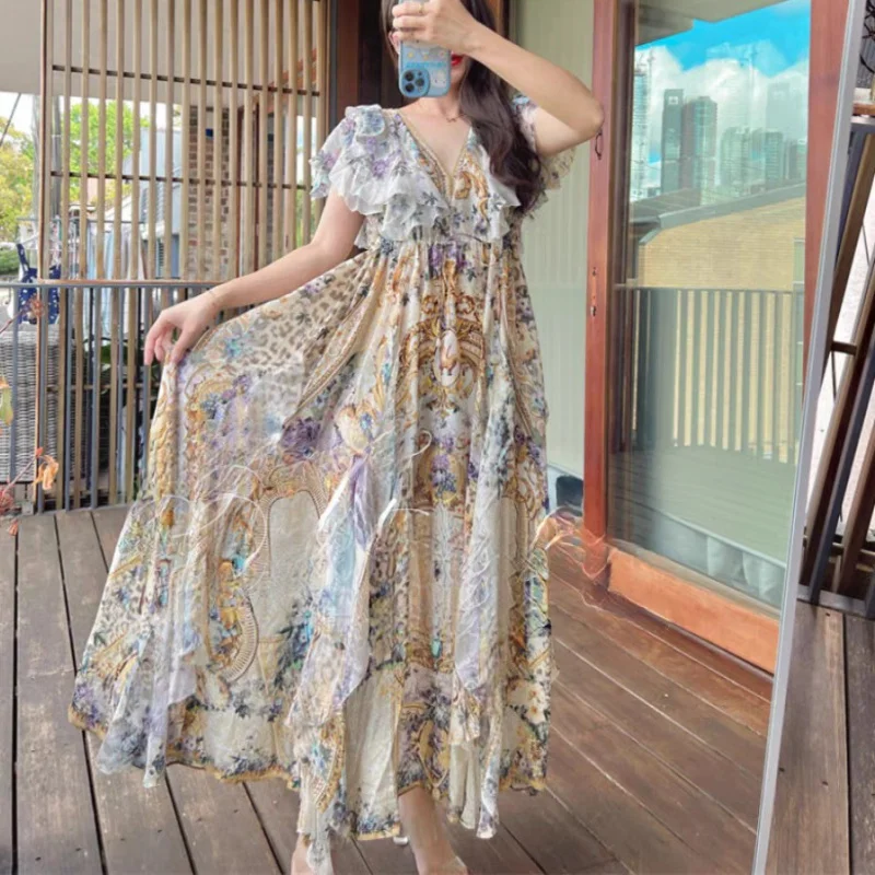 

2024Summer New Australian Fashion Brand FloralVCollar Height Waistline Long Short Sleeve Silk Dress Waist-Tight Temperament