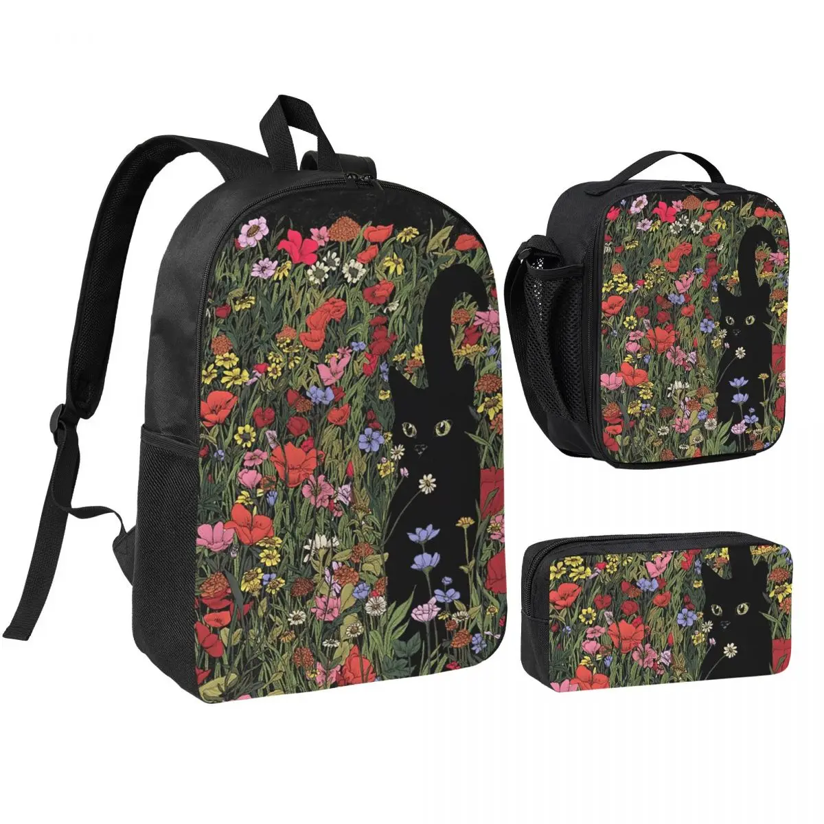 Black Meadow Cat Backpack Student BookBag School Bag Shoulder Bags 3ps Insulated Lunch Bag Pencil Case