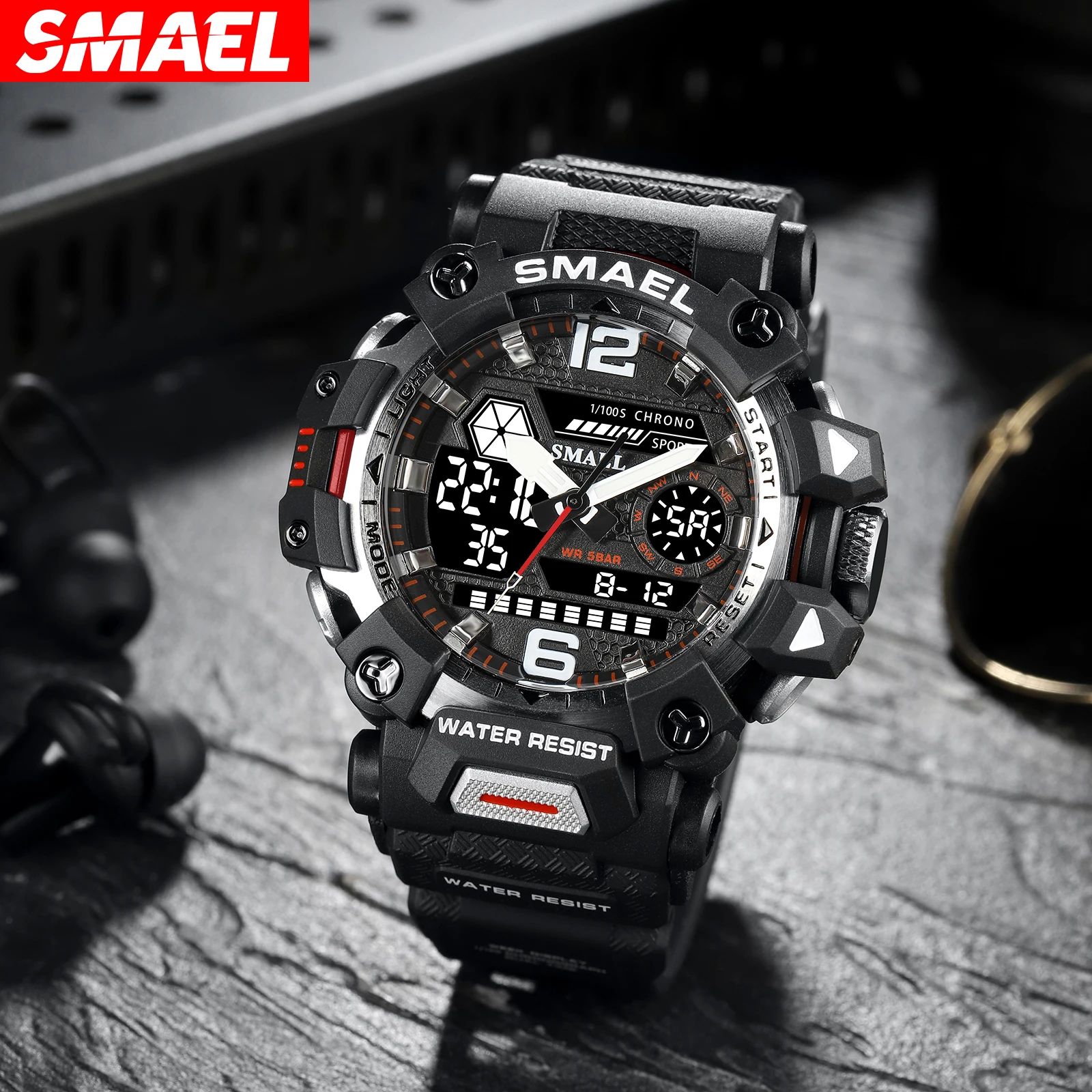 SMAEL 8072 Outdoor Tactical Men\'s Alloy Military Style Watch Night Glow Waterproof Dual Display Quartz Electronic Watch