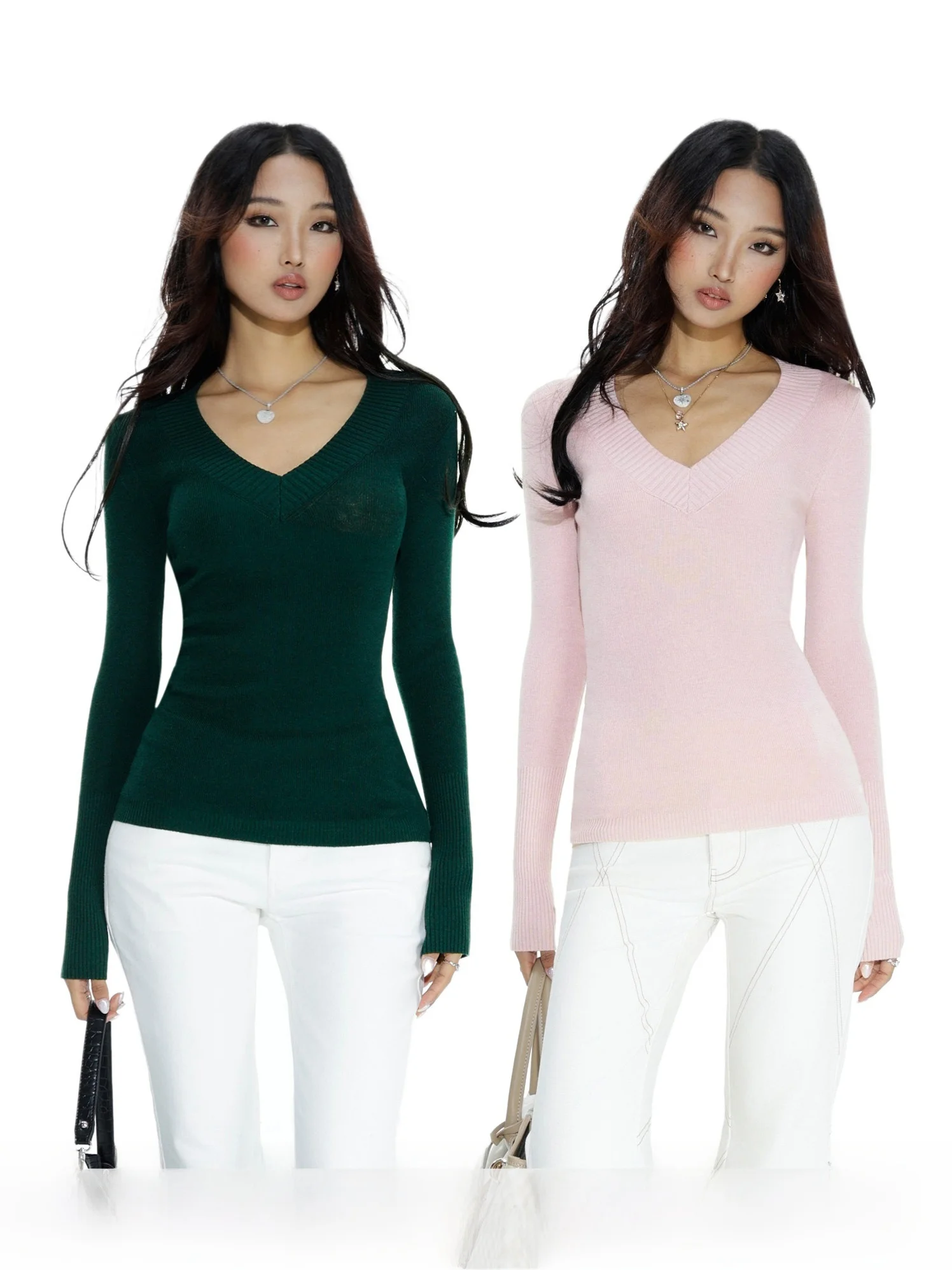 

Женский вязаный свитер Audwyn из смесовой шерсти с V-образным вырезом, приталенный, с длинными рукавами, эластичный, для осени и зимы, новая уличная мода