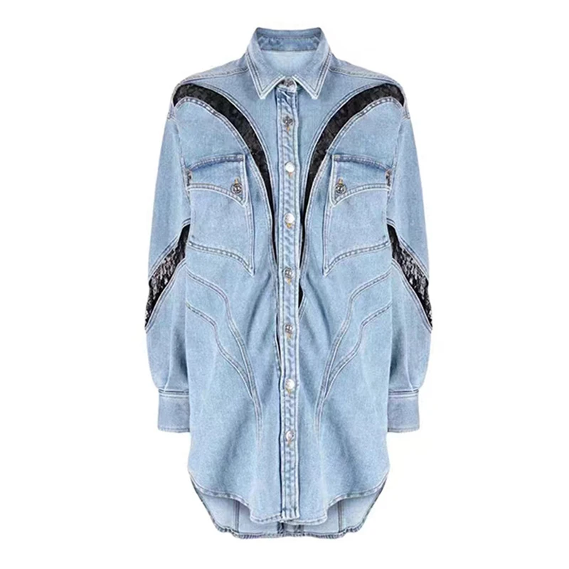 Zoci moda preto rendas retalhos denim jaqueta feminina lapela oco para fora único breasted irregular solto jaquetas novo fc1383