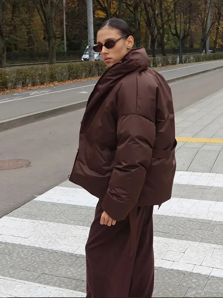 Borgonha gola mangas compridas algodão acolchoado casacos feminino casual sólido com cinto jaquetas de algodão 2024 inverno quente streetwear