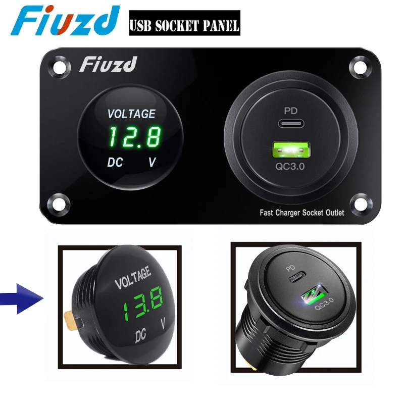 

12V QC3.0 Dual USB Charger Socket Panel with LED Voltmeter Cigarette Lighter Splitter for Car Marine Golf Cart