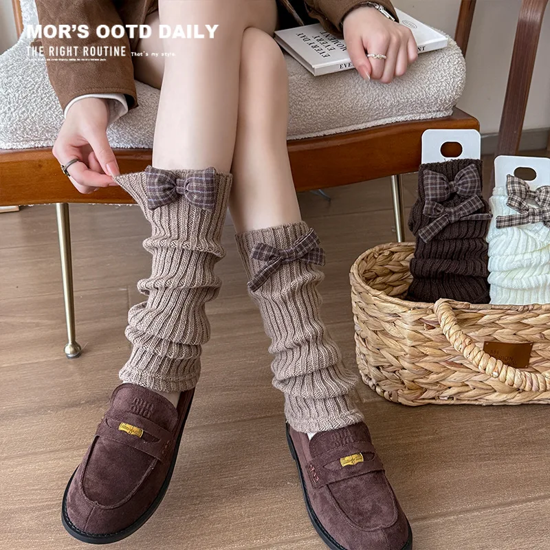 

Women's New Autumn-winter Vintage Dark Brown Sock Cover with AB Patterned Bow Tie Mid-calf Warm Leg Cover Warm Sock Set