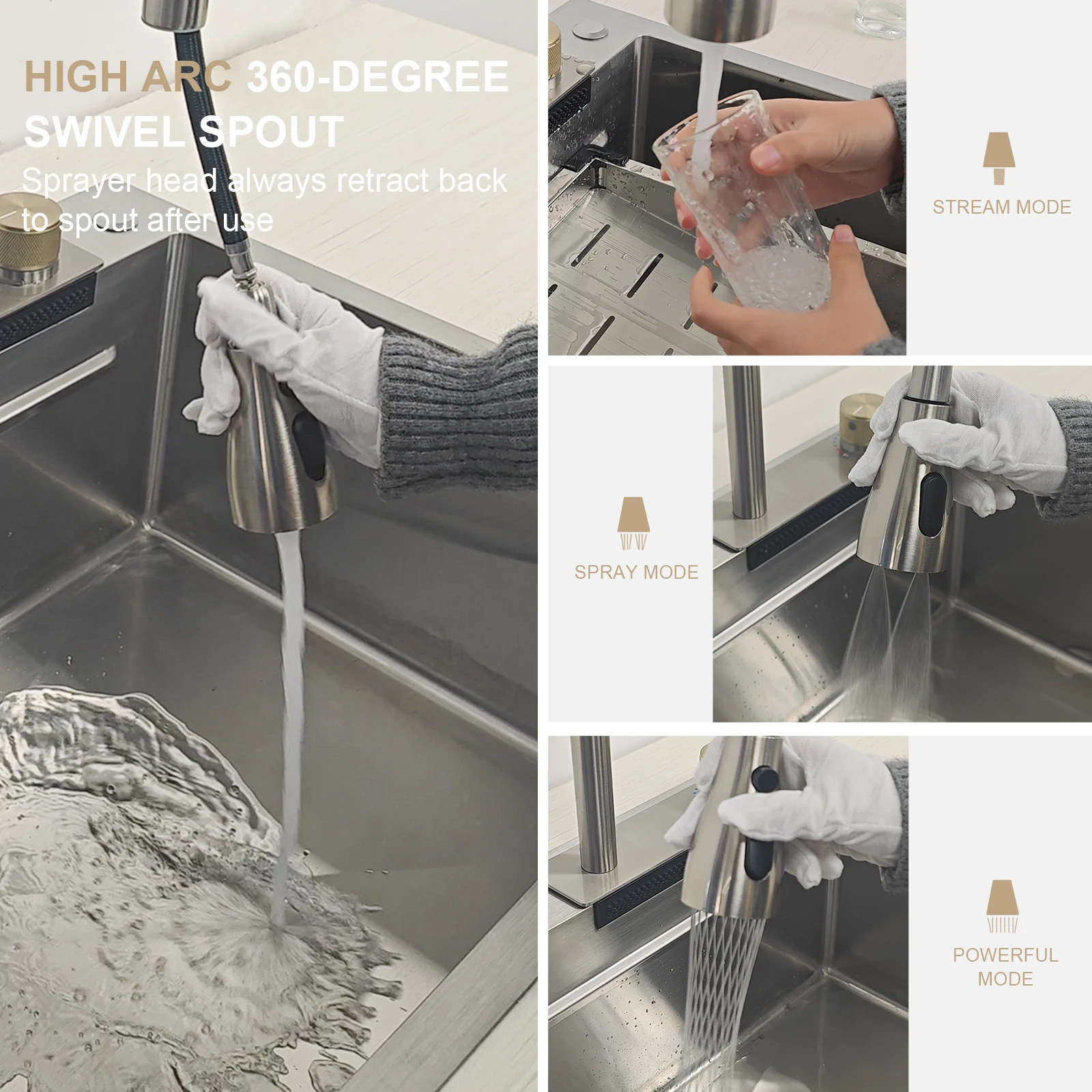 33 Drop Kitchen Sink with Faucet Combo  Waterfall Kitchen Sink Workstation Single Bowl  with Pull Out Faucet, Glass Rinser