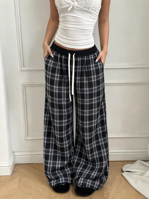 Women Plaid Wide Leg Pants Elastic High Waist Drawstring Loose Trousers Casual Checkered Long Pants With Pockets Streetwear